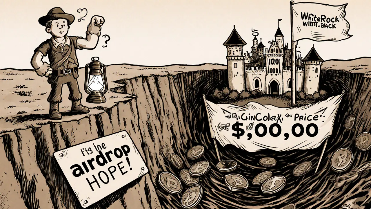 An explorer stands at a cliff of zero supply, looking down at fake price graphs and empty wallets.