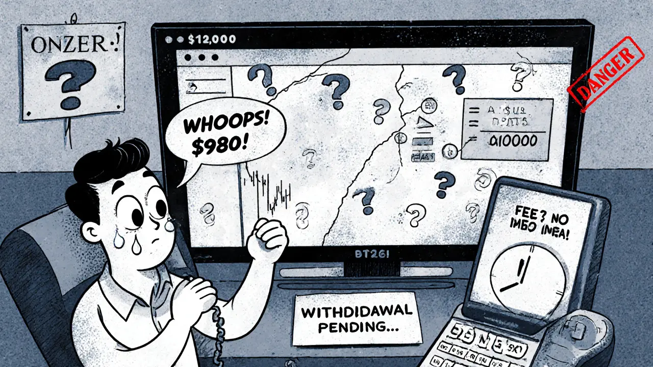 A confused user faces a broken trading screen with hidden fees and an unresponsive support button.