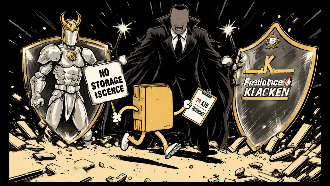 A running wallet escaping a faceless fraudster holding fake compliance signs, while secure exchanges stand strong.