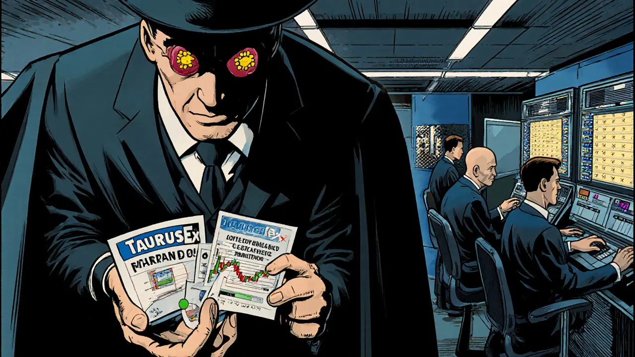 A scammer in a suit offers fake crypto apps as a secure institutional server room operates calmly behind him.