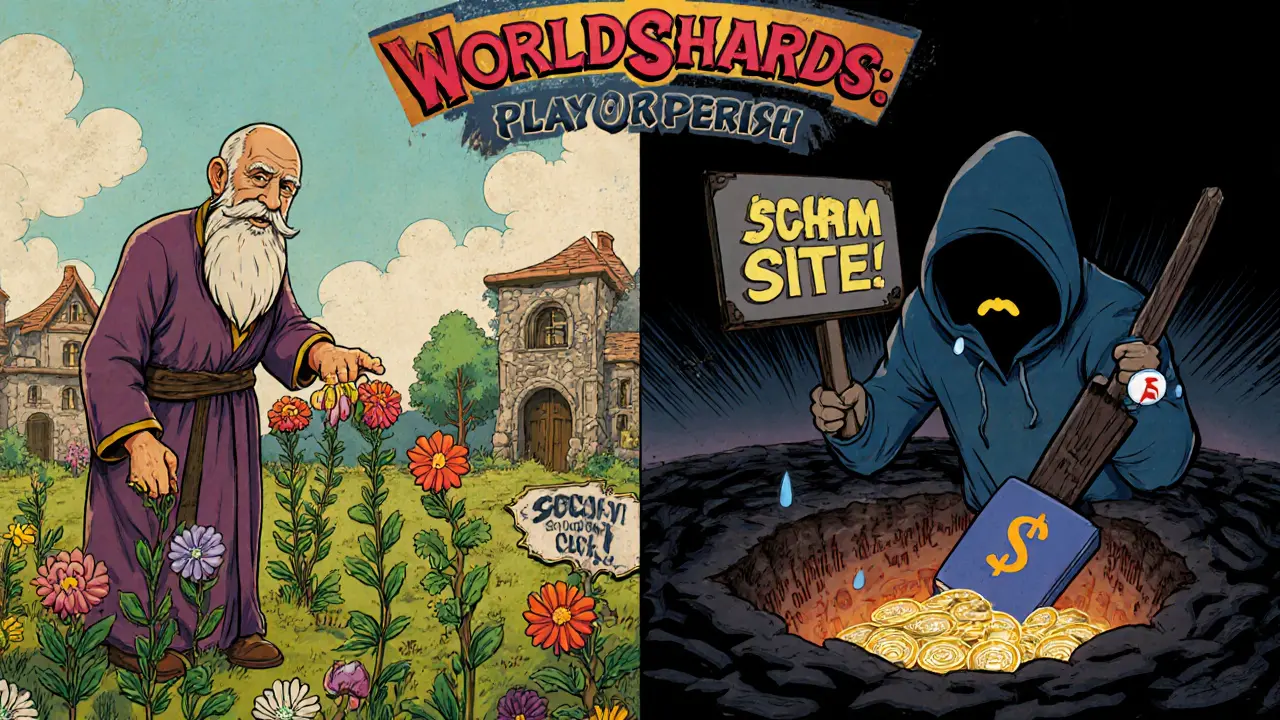 A wise player grows a SHARDS garden while a scammer sells tokens into a void, shown in a comic-style split scene.