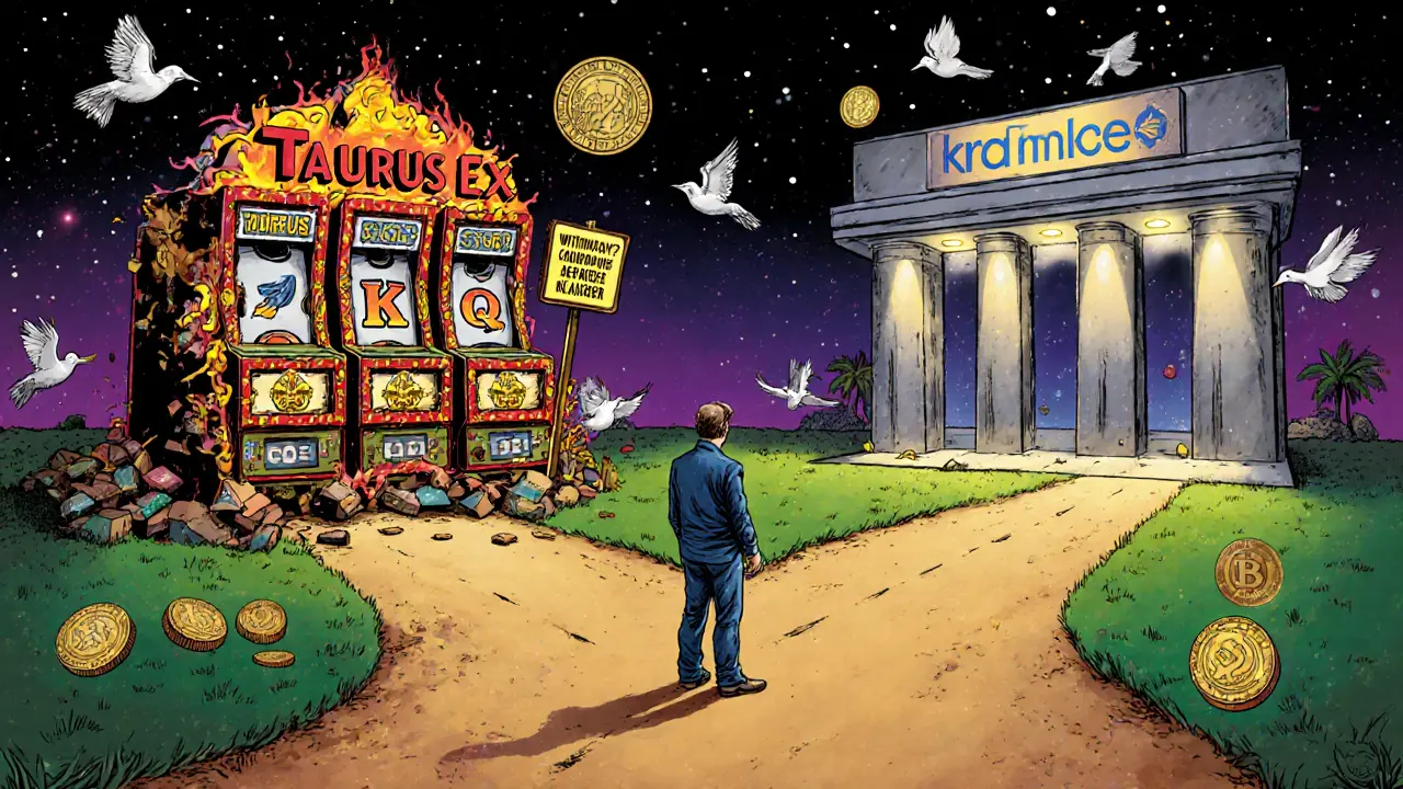 An investor chooses between a crumbling fake exchange and a trustworthy regulated platform, with clear visual contrasts.