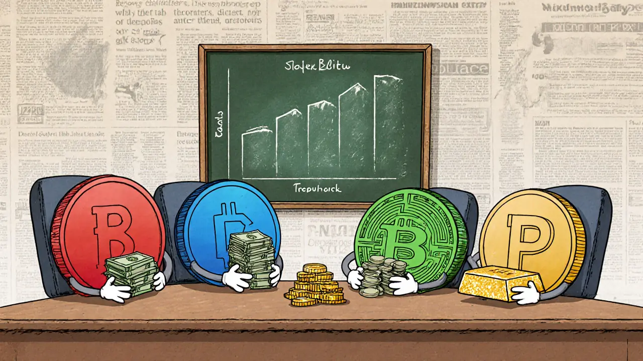 Cartoon boardroom with four stablecoin characters displaying their reserves.