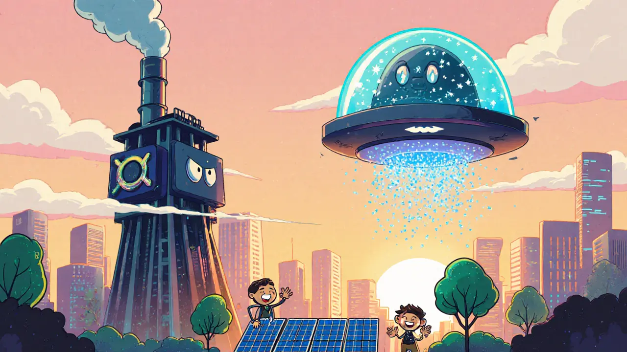 Cartoon city with hybrid tower, quantum computer looming, and eco-friendly developers protecting the network.