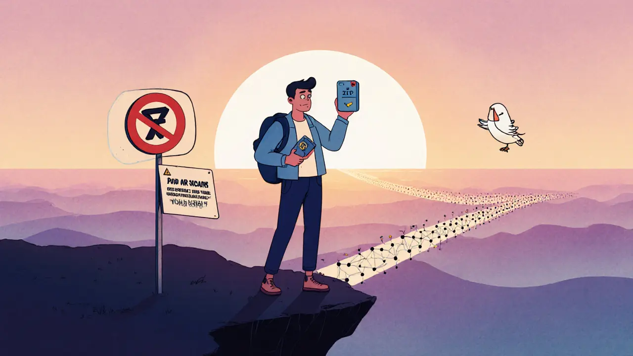 Cartoon figure watching a horizon of smartphone nodes, warning of fake airdrops.