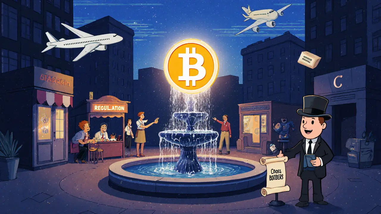 Cartoon futuristic city square with merchants accepting a glowing stablecoin.