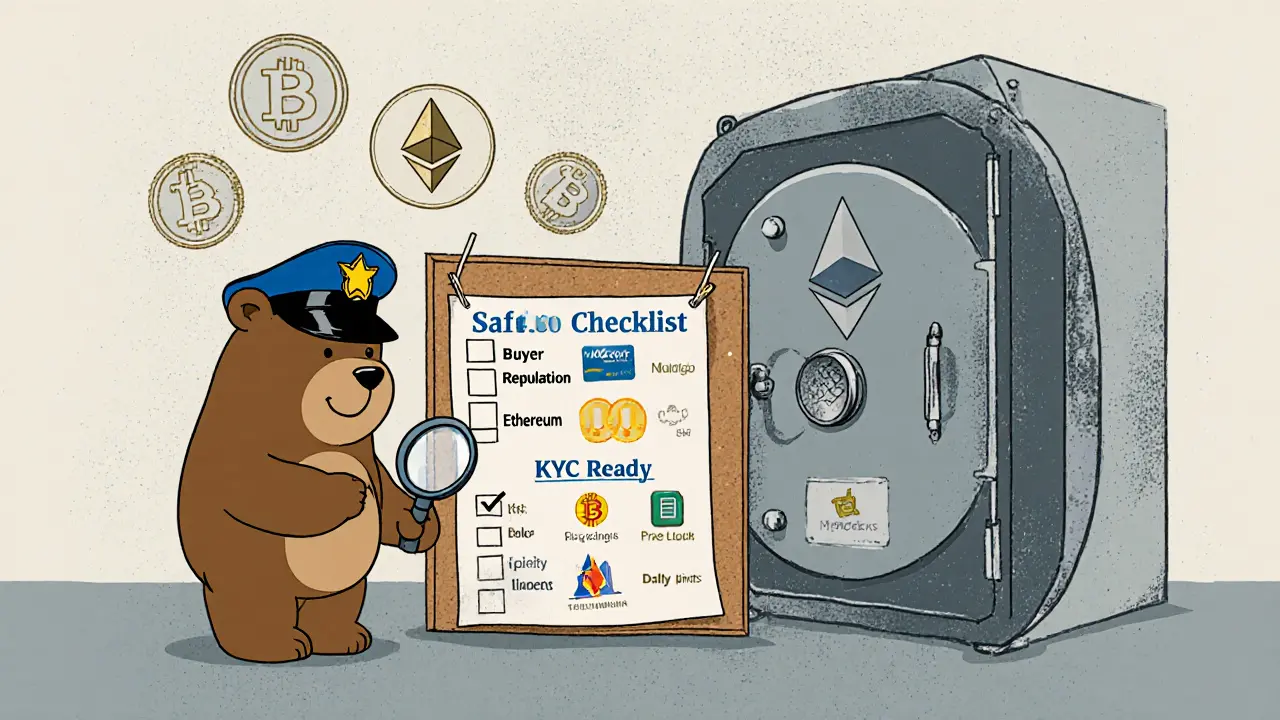Cartoon guard overseeing a crypto vault with checklist and digital ruble symbols.