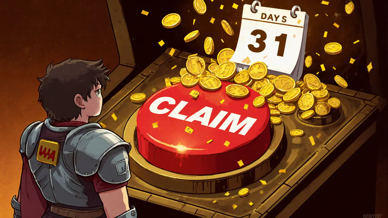 Cartoon hero claims golden tokens from a treasure chest with a calendar.