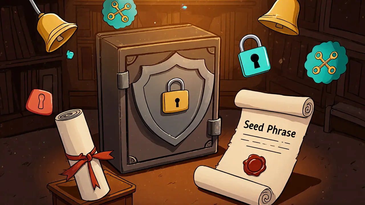 Cartoon hero protecting a hardware wallet vault with seed phrase scroll, certificate, and security locks.