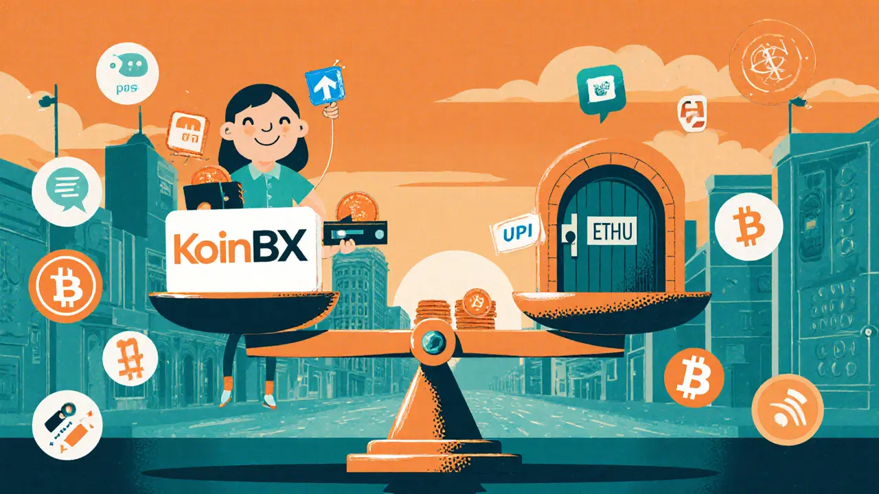 Cartoon scale balancing KoinBX’s pros and cons against larger exchange vault.