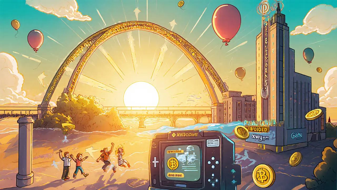 Cartoon showing future catalysts: bridge, new game, exchange listing.