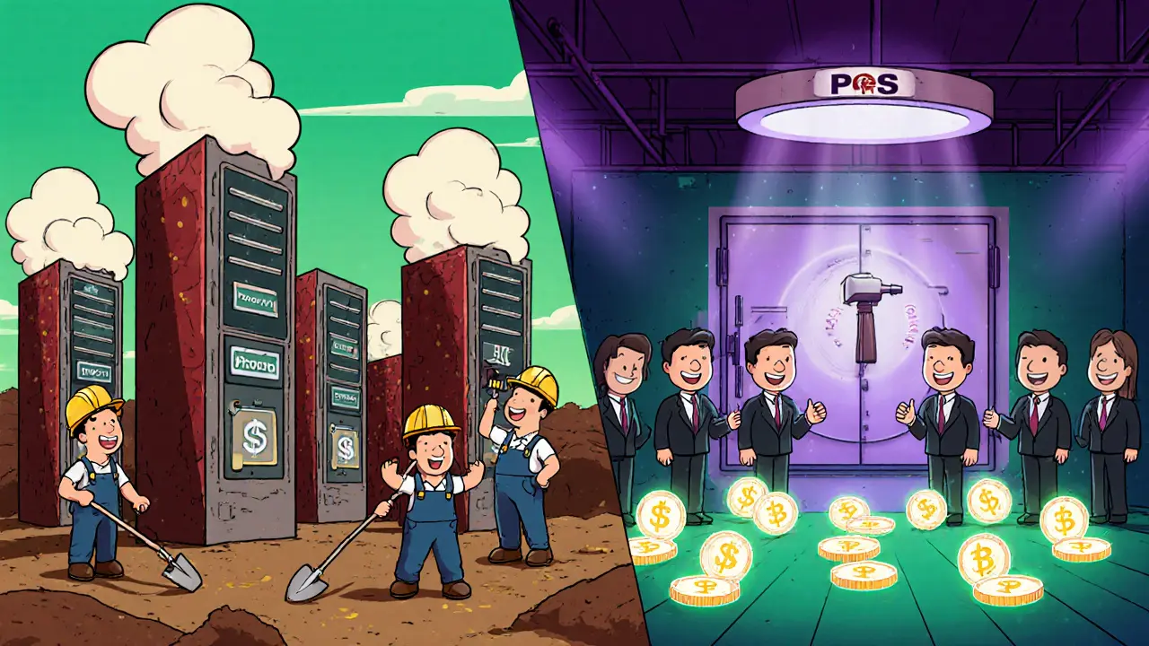 Cartoon split view: miners with ASIC rigs on left, validators staking tokens and a slashing hammer on right.