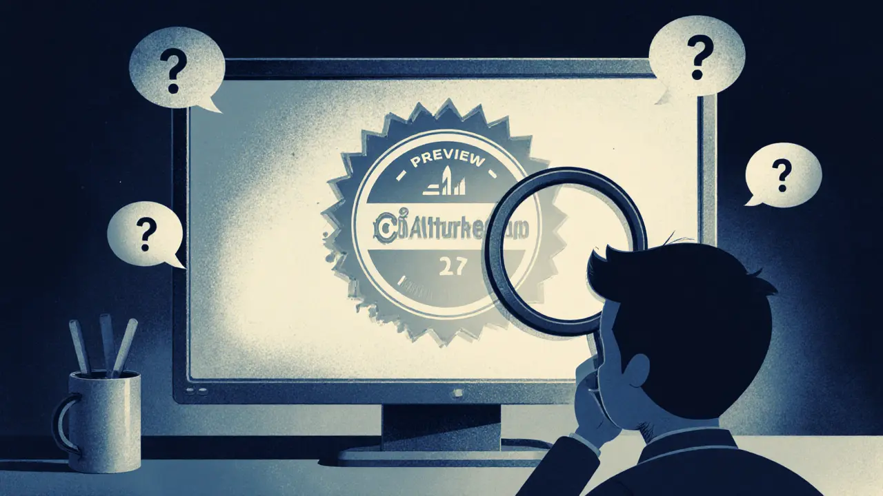 Cartoon user examining a preview page on a retro monitor, hinting at skepticism.