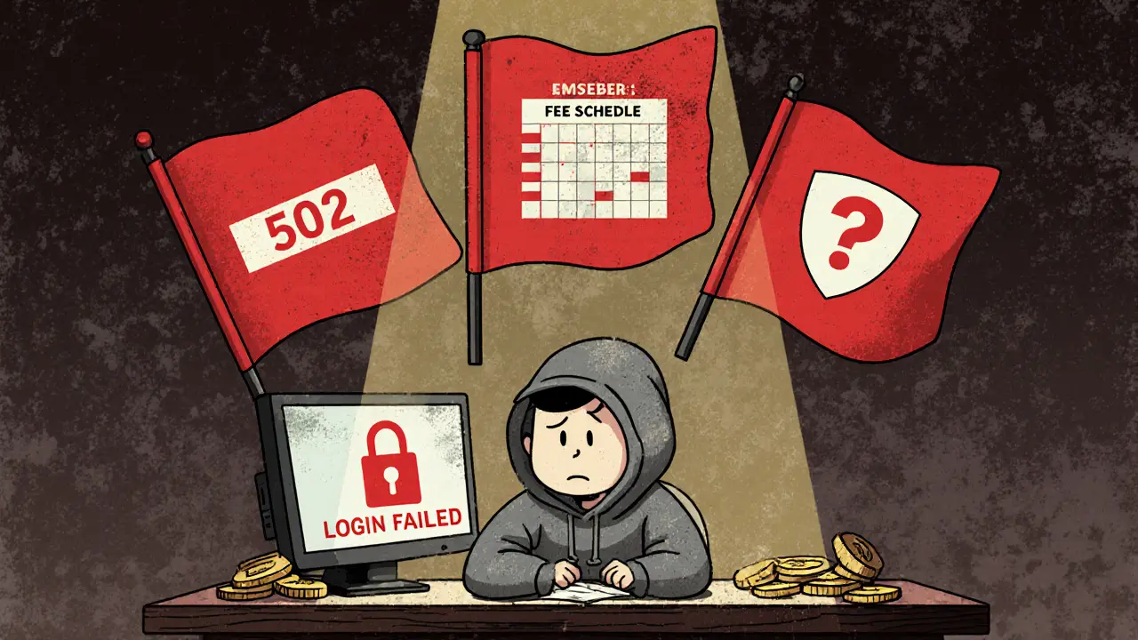 Cartoon user sees red flags: 502 error, locked fees, missing security shield.
