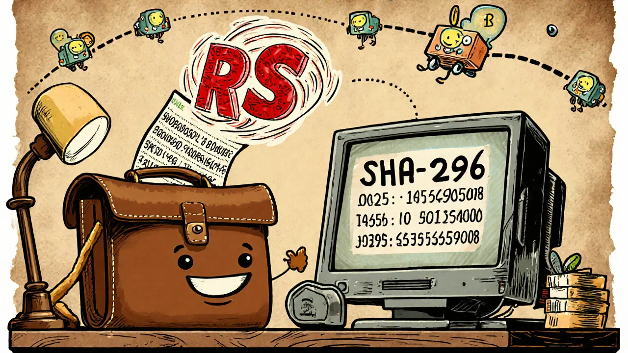 Cartoon wallet and computer generating a digital signature with hash vortex and r, s stamps.