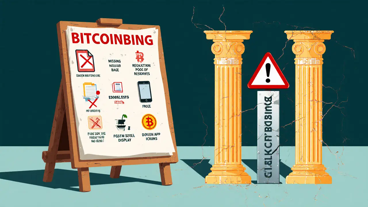 Checklist board showing red‑flag warnings next to a table comparing BITCOINBING with reputable exchanges.