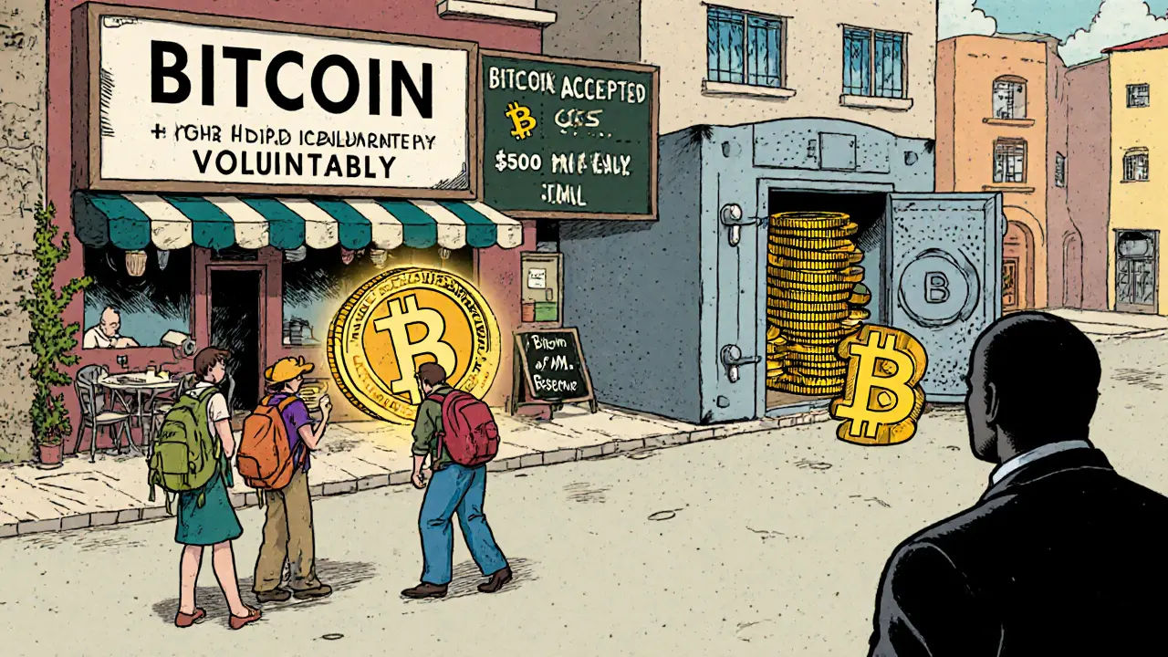 City plaza showing voluntary Bitcoin acceptance, tourists, and a vault of BTC reserves.
