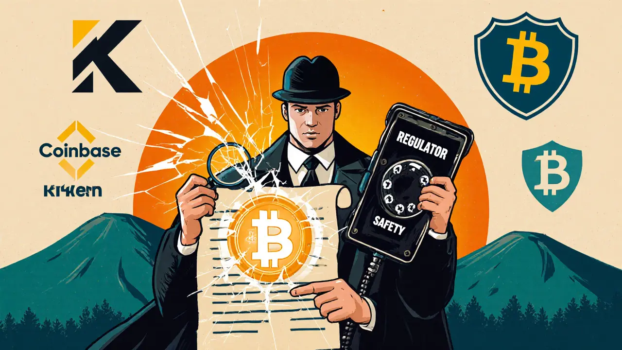 Detective‑styled figure examines a transaction hash while a cracked BITCOINBING logo falls apart.