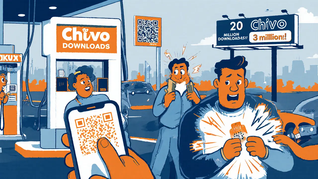 Gas station scene with people using the Chivo wallet app and QR code payments.