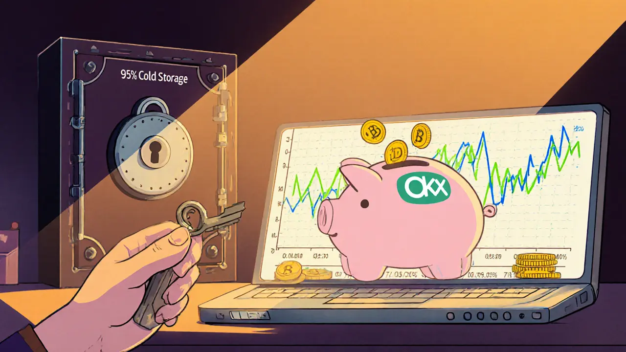 Hand holding security key beside vault door, screen showing crypto charts and coins.