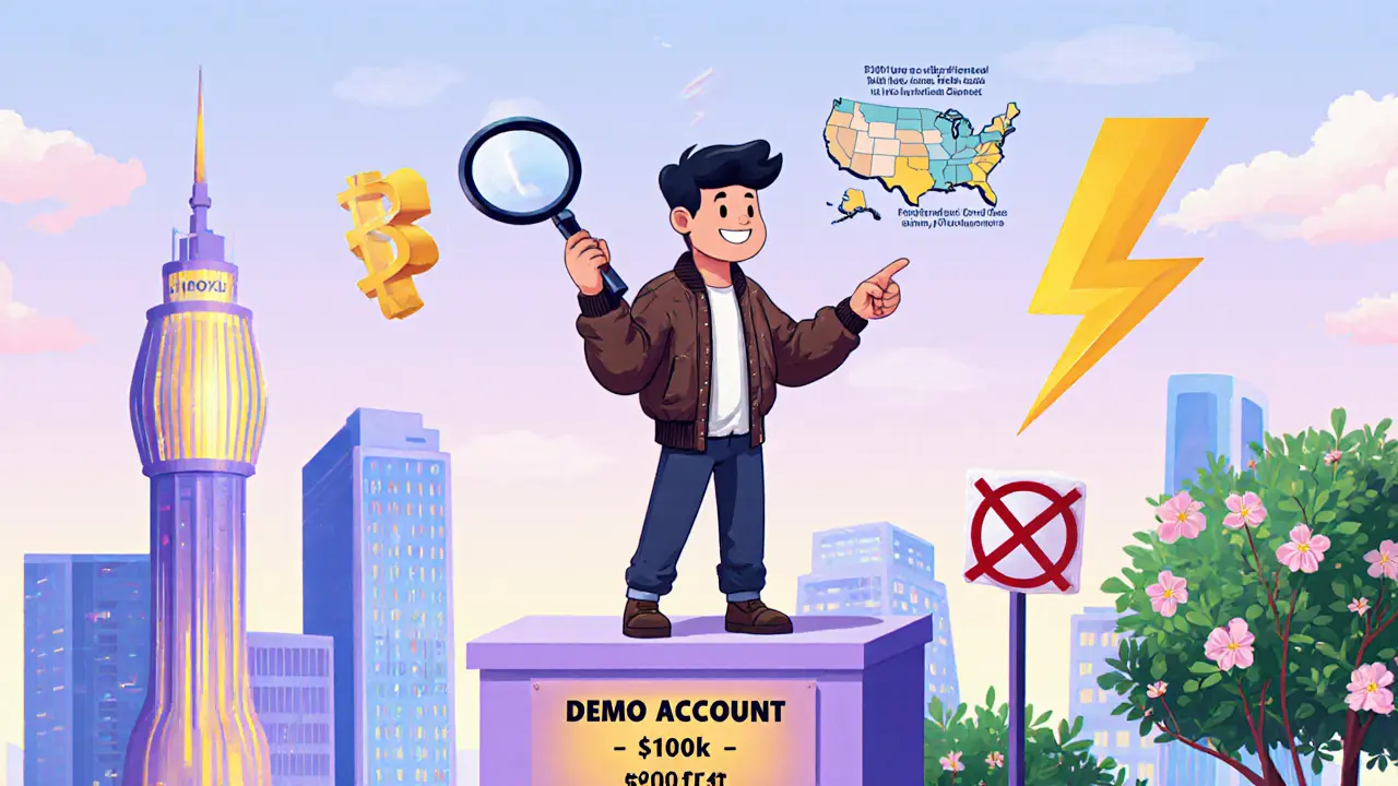 Novice trader on podium with demo funds, city skyline of NFT, derivatives, and staking.