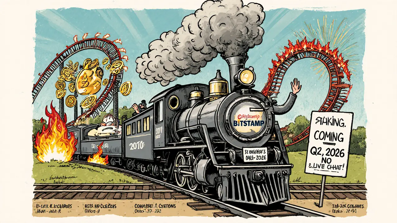 Old-fashioned steam train labeled Bitstamp passing crypto market crashes, with staking missing from its smokestack.