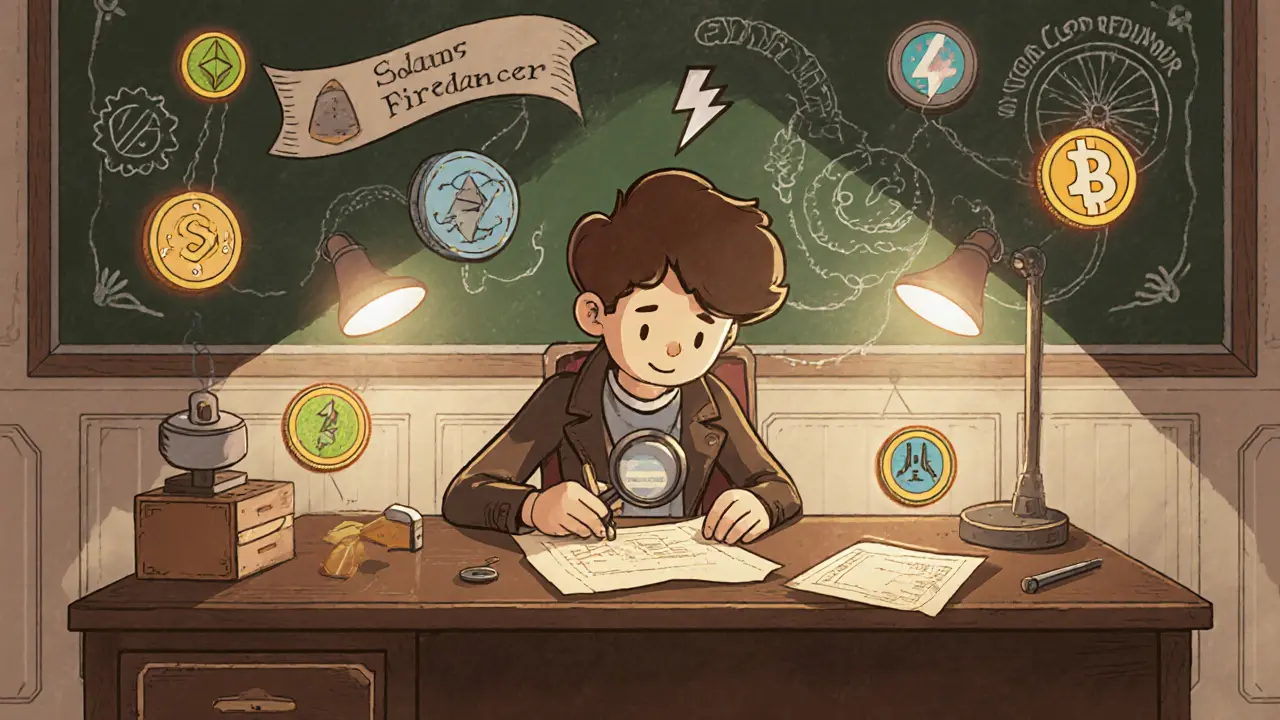 Retro developer at a desk surrounded by floating crypto tokens and upgrade icons.