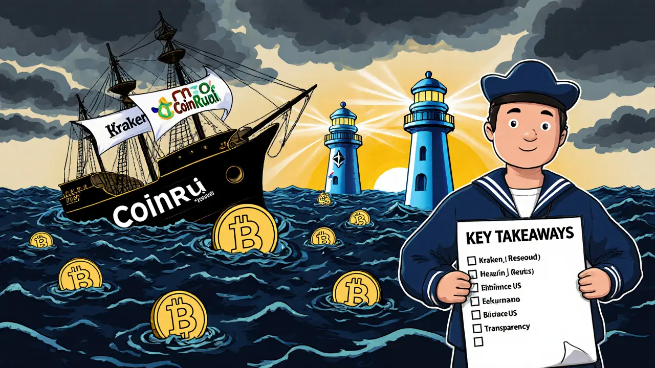 Sinking CoinRui ship with crypto coins, safe lighthouse ships nearby.