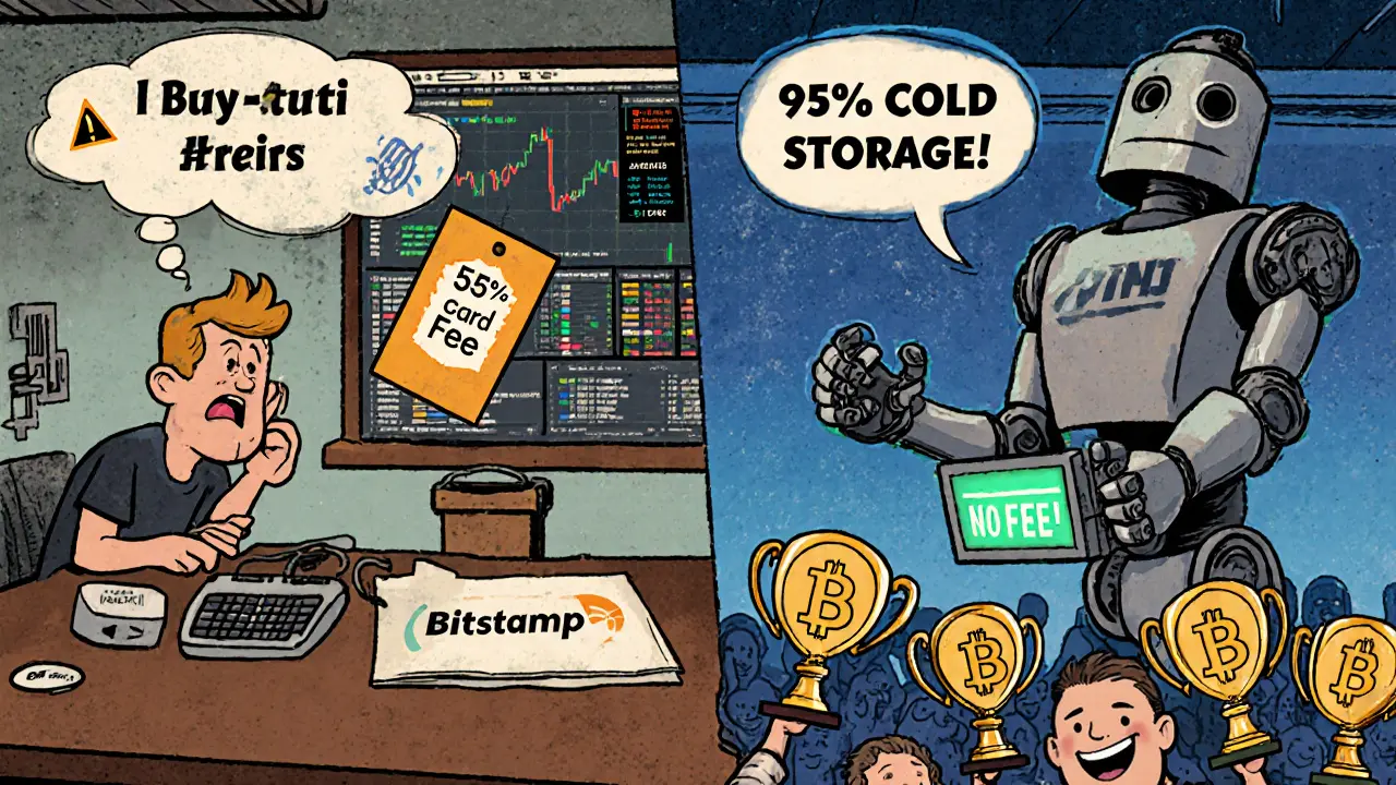 Split cartoon scene: nervous user paying high card fee vs. calm trader using advanced tools with free bank transfer.