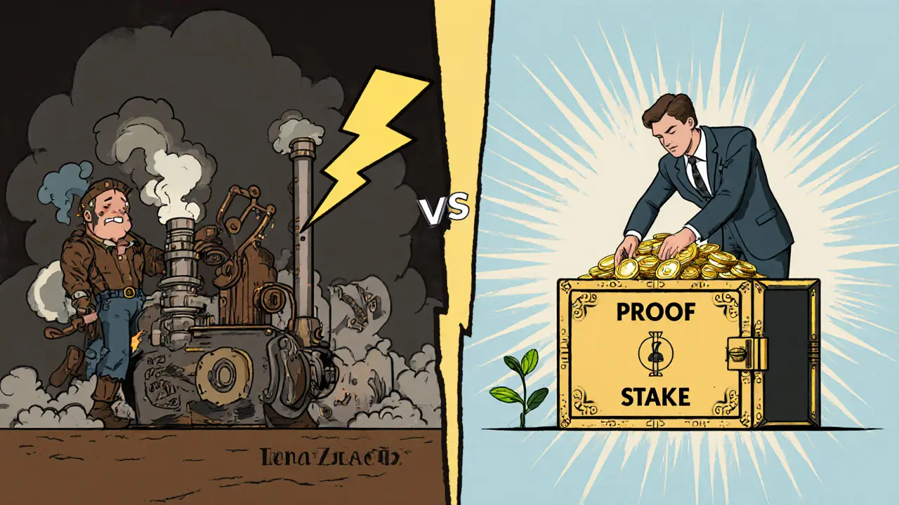 Split‑screen vintage cartoon contrasting mining rigs with a validator holding coins.