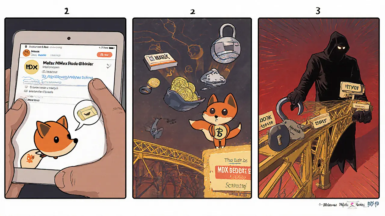 Three‑panel comic illustrating safe airdrop steps and warning of a phishing scam.