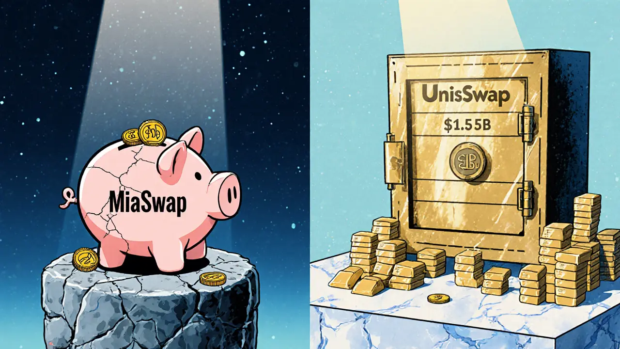 Tiny cracked piggy bank &quot;MiaSwap&quot; with  vs. giant gold vault &quot;Uniswap&quot; with .5B.