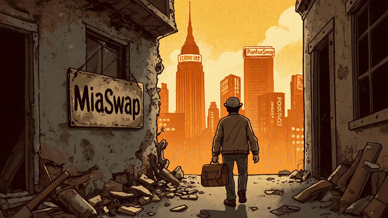 Trader leaving a broken MiaSwap building toward bright DEX skyline.