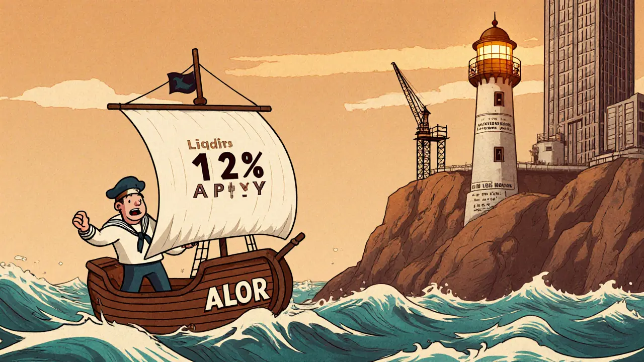 Trader on a boat facing risks while a lighthouse highlights ALOR benefits, with a construction site in the background.