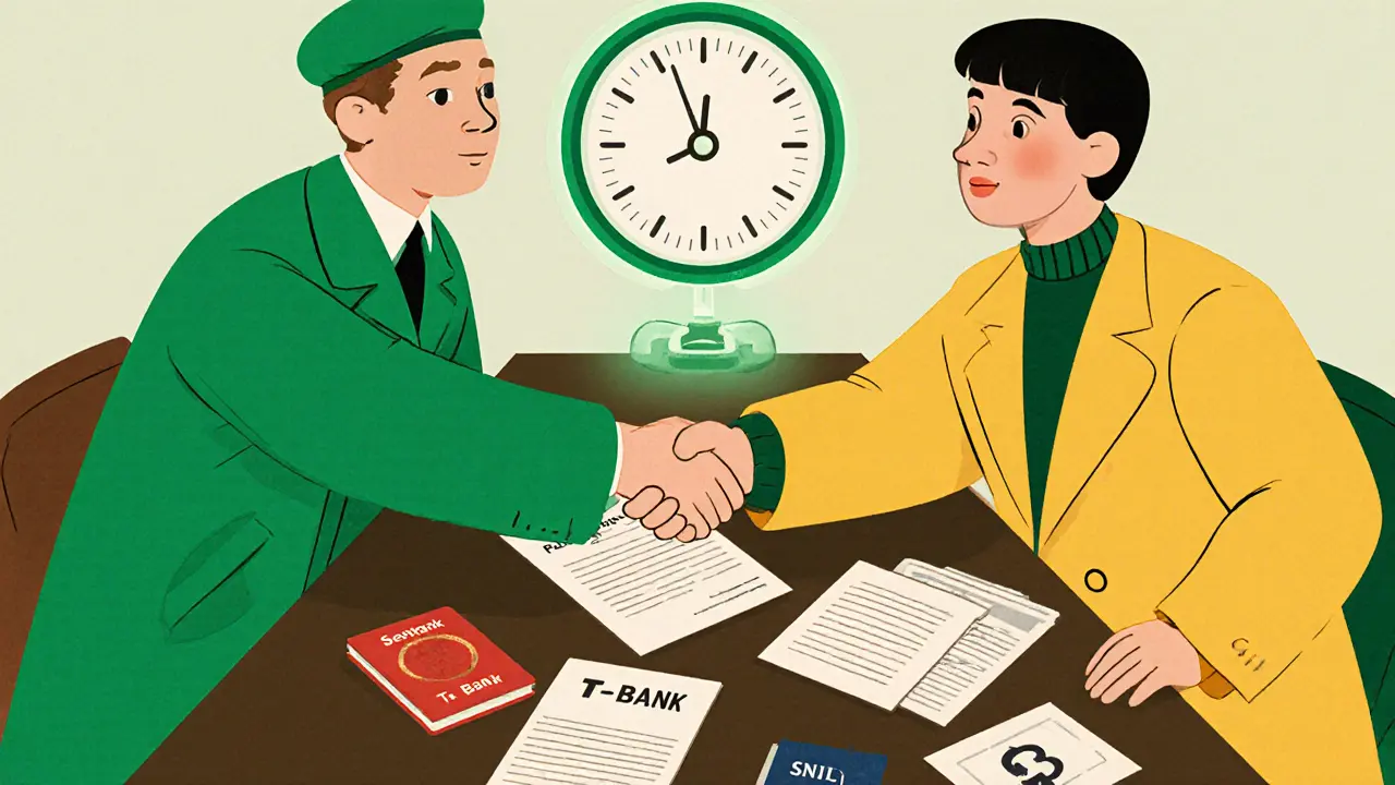 Two cartoon people completing a P2P crypto trade with green and yellow cards and KYC papers.