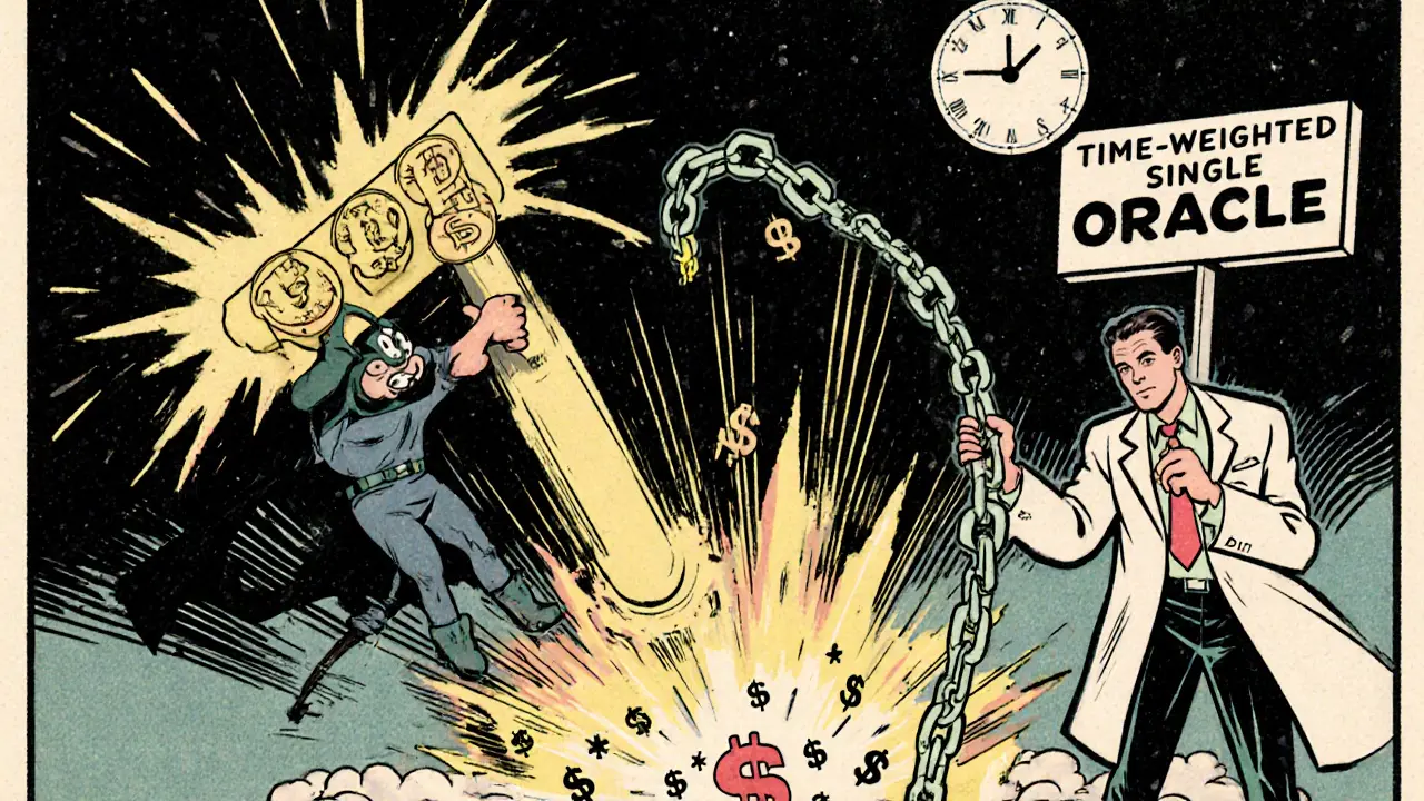 Villain slingshots token price with flash loan while hero uses Chainlink to fix it