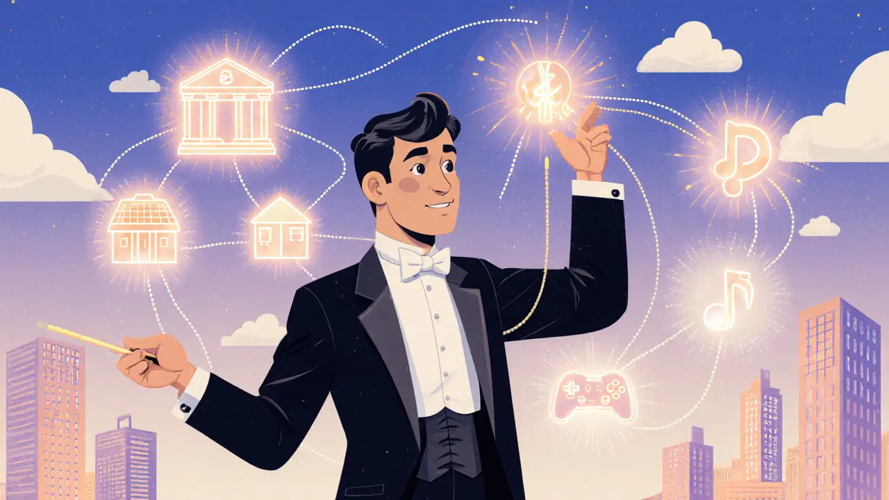 Vintage cartoon collage of finance, real estate, energy, gaming icons linked by blockchain lines, illustrating future smart‑contract growth.