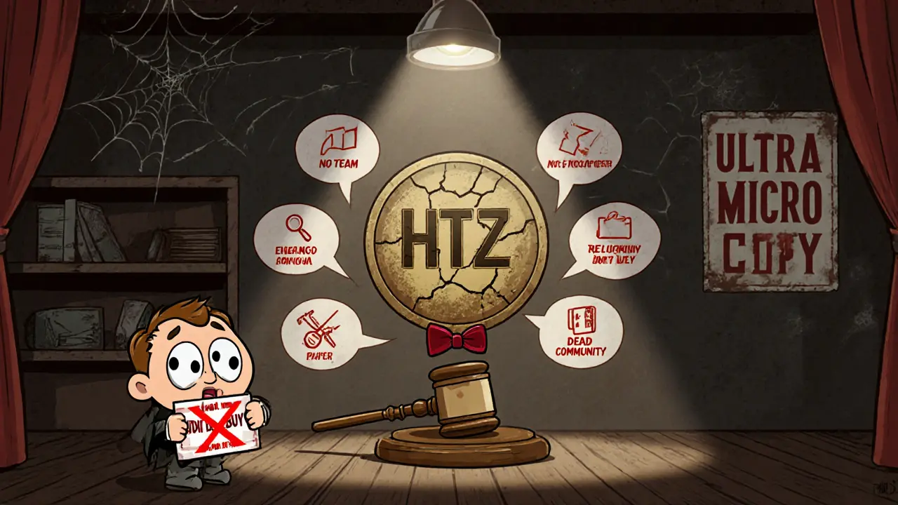 Vintage cartoon courtroom scene warning against investing in HTZ with red‑flag symbols and a "DON'T BUY" sign.