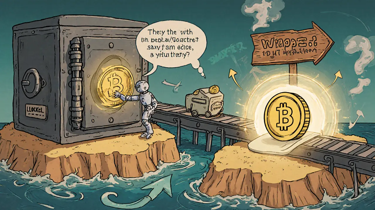 Vintage cartoon factory locks a gold coin and mints a wrapped token that moves to another chain.