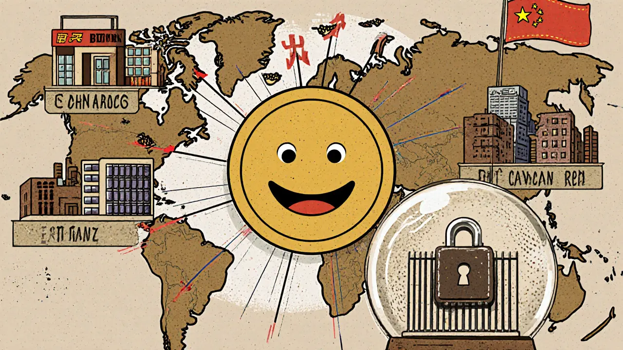 Vintage cartoon map showing China&#039;s crypto ban effects on global exchanges, mining, and digital yuan.