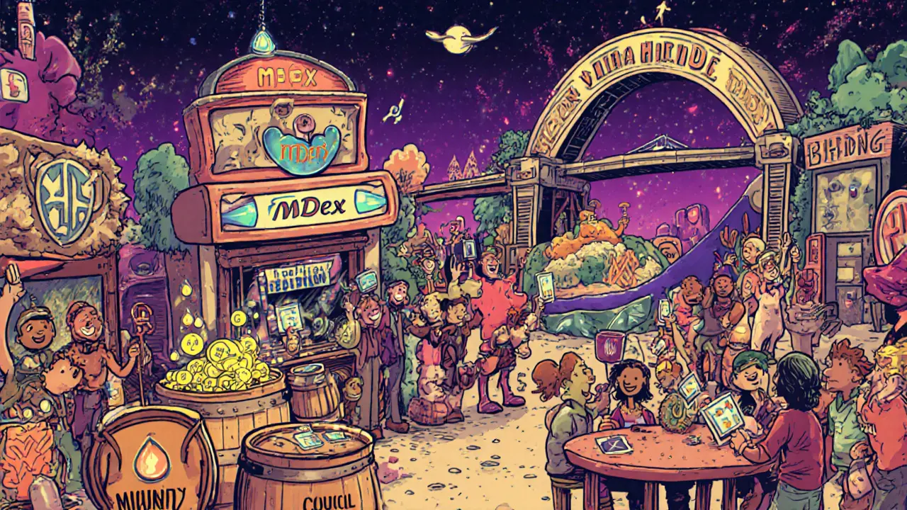 Vintage cartoon marketplace showing MDX hub, liquidity mining barrels, DAO council, and a bridge between HECO and BSC.