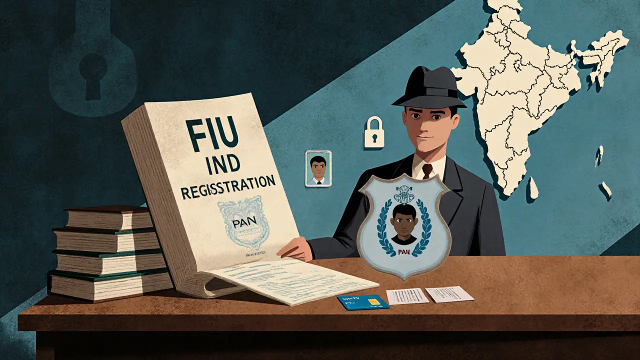 Vintage cartoon of a detective reviewing FIU‑IND registration and KYC papers.