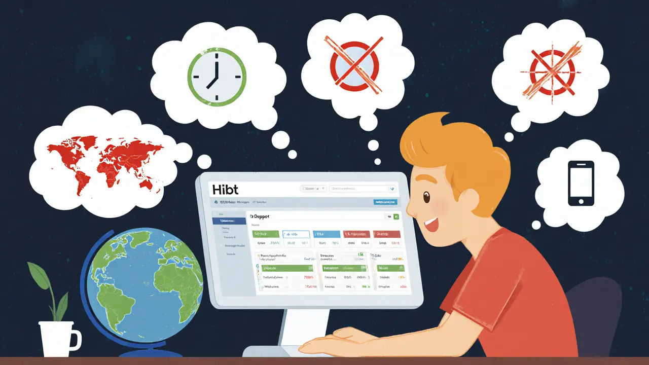 Vintage cartoon of a trader upset over no fiat option, geo‑blocks, and missing mobile app.