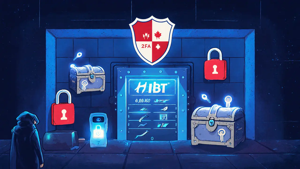 Vintage cartoon of a vault with cold‑wallet chests and 2FA security symbols.