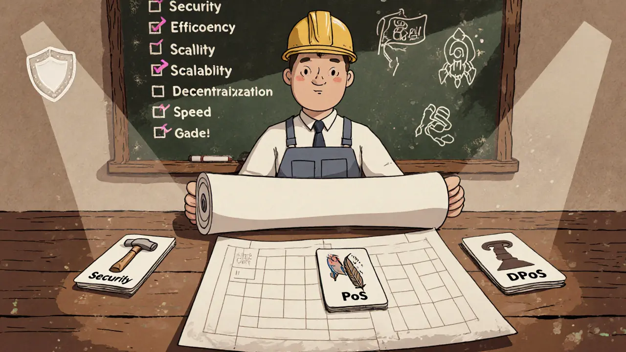 Vintage cartoon of an architect choosing among PoW, PoS, and DPoS cards.