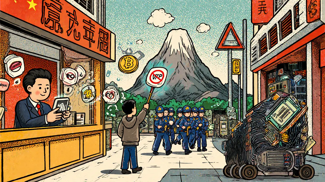 Vintage cartoon scene of banks, ISPs, and police enforcing China&#039;s crypto ban on mining farms.