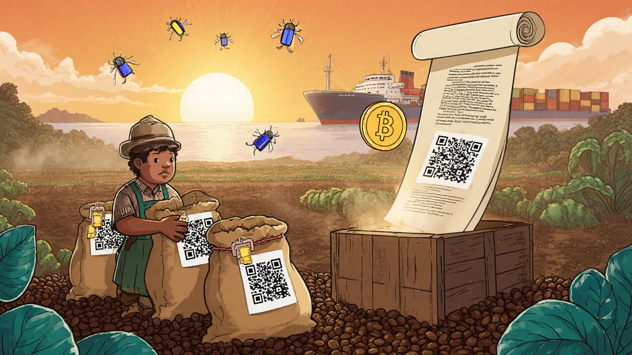 Vintage cartoon showing a Colombian coffee farmer with sensor‑tagged beans, a QR code, and a smart contract releasing payment.