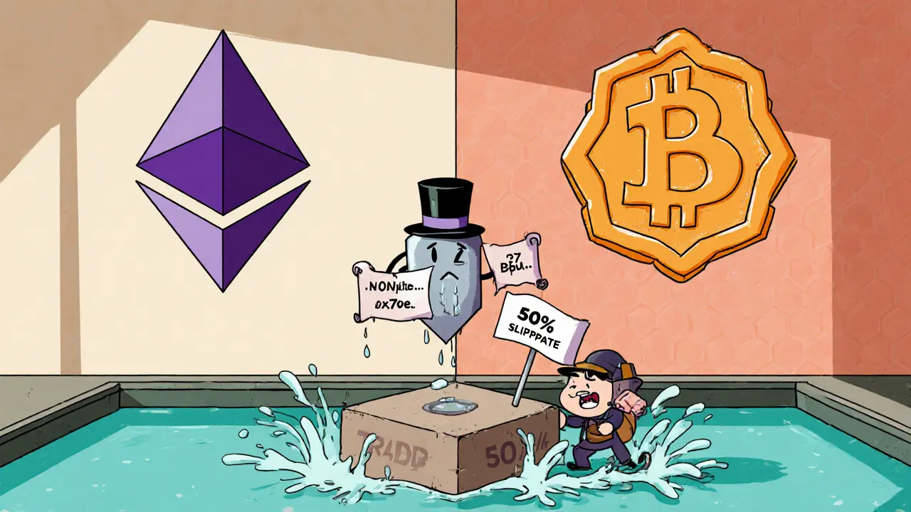Vintage cartoon showing HTZ on Ethereum and BNB chains with tiny liquidity pool and slippage illustration.