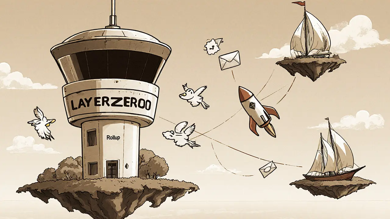 Vintage cartoon tower labeled LayerZero with messenger birds flying between blockchain islands.