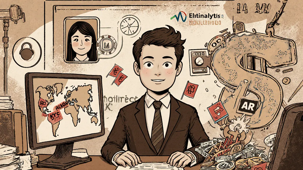 A compliance officer in a cluttered office is surrounded by KYC, blockchain flags, and SAR stamps in vintage cartoon style.